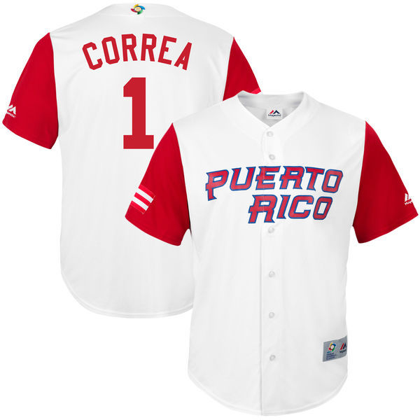 customized Men Puerto Rico Baseball #1 Carlos Correa White 2017 World Baseball Classic Replica Jersey
